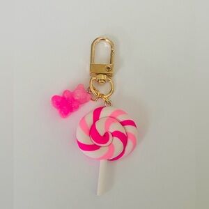 Hot Pink & Pastel Pink Swirl Lollipop Keychain with Pink Gummy Bear Charm
